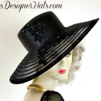 Elegant Black Big Brim Beaded Formal Hat, Couture Designer Hats For Women, NYFashionHats Millinery, Temple Church Dress Hat, Susan Ann