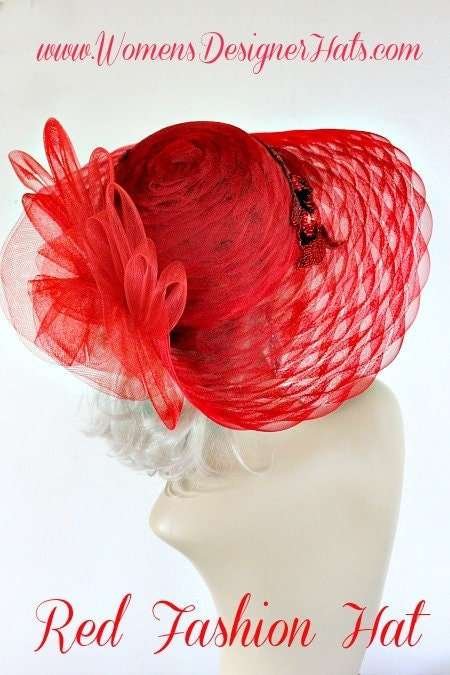 Red Wide Brim Designer Fashion Women's Hat, Kentucky Derby Hats - Image 2