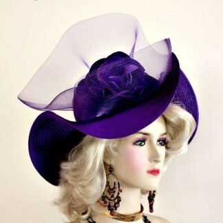 Haute Couture Wavy Big Brim Purple Satin Dress Hat, Couture Designer Hats For Women, Purple Winter Hats, NYFashionHats Millinery, Edena