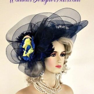 Navy Blue Lime Celery Yellow Couture Designer Fashion Hat, Church Wedding Derby Hats 5vm8