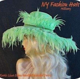 Lime Green Haute Couture Luxury Designer Statement Feather Hat, Women's Formal Wedding Church Hat, NYFashionHats Millinery, Ora