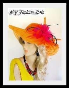 Orange Wide Brim Designer Dress Church Hat For Women 7gbq
