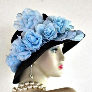 Black Lampshade Couture Designer Hat Baby Blue Roses Fashion Hats B2013