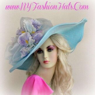 Luxury Statement Haute Couture Designer Hat For Women, Pastel Blue Lavender Wide Brim Hat, Formal Wedding Hat Horse Races, NYFashionHats