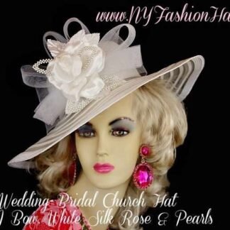 White Bridal Wedding Hat, Formal Church Temple Spring Hat, NYFashionHats Couture Designer Hat Millinery, Choose Custom Rose Color, Reina