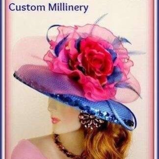 Royal Blue Hot Pink Sequin Hat With Flowers, Couture Designer Wedding Bridal Hats, Church Temple Formal Hat, NYFashionHats Millinery, Ada