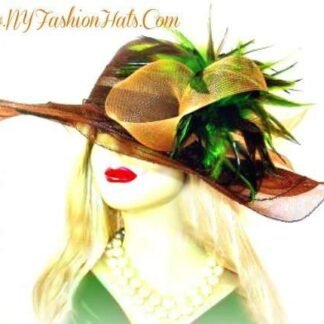 Women's Dress Fashion Brown Sheer Hat Lime Green Feathers, Church Wedding Occasion Hats 8b54