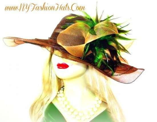 Women's Dress Fashion Brown Sheer Hat Lime Green Feathers, Church Wedding Occasion Hats 8b54
