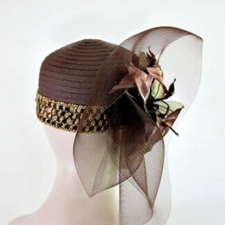 Brown Satin Cloche Flapper Metallic Gold Pillbox Cocktail Hat, Women's Couture Designer Hats, NYFashionHats Millinery, Sabbath Church Dress