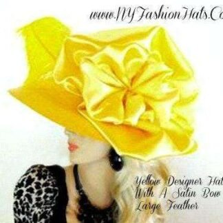 Sunny Bright Yellow Big Brim Preakness Stakes Hat, Hats For Horse Races, Formal Wedding Bridal Dress Hat, Satin Big Bow Fashion Hat, Nadia
