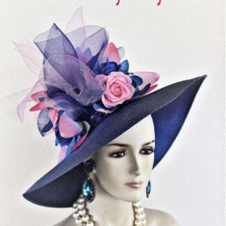 Women's Couture Statement Royal Blue Soft Baby Pink Wide Brim Fashion Church Hat, Designer Kentucky Derby Hats, Royal Ascot Melbourne, Gino