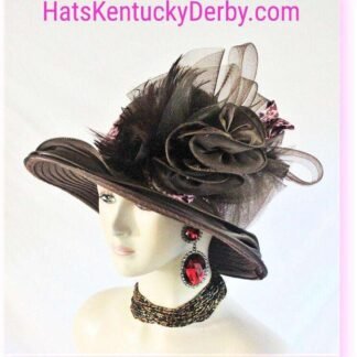 Women's Statement Brown Pink Satin Feathered Couture Designer Hat, Cheetah Animal Print Hat, Church Wedding Wide Brim Hats, NYFashionHats