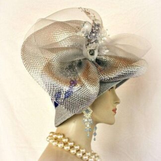 Couture Women’s Wedding Hat Headpiece Grey Metallic Silver Royal Blue, Hats For Church Dress Formals Kt4
