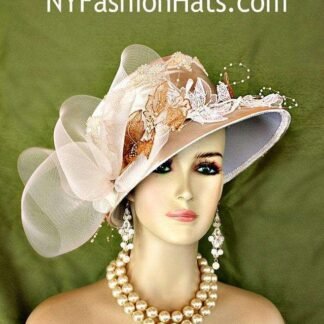 Motf Premium Collection Women's Champagne Beige Satin Hat, Temple Church Wedding Hat, Kentucky Derby NY Fashion Hats Couture Millinery Edna