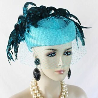 Kentucky Derby Hat, Turquoise Blue Dramatic Feather Pillbox Hat, Hats For Horse Races, Moft Premium Cocktail Hat Collection, NYFashionHats