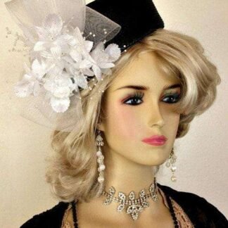 Black Pillbox Formal Special Occasion Hat With White Flowers, Hats