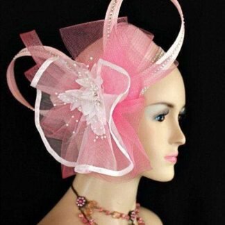 Women's Pink White Designer Cocktail Wedding Pillbox Hat Rhinestone Flowers, Kentucky Derby Church Bridal Hats Q12