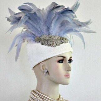 Women's Haute Couture Avant Garde Pillbox Wedding Hat, Ivory Ice Baby Blue Metallic Silver Hat, Formal Mother Of The Bride Hat, Rosemary
