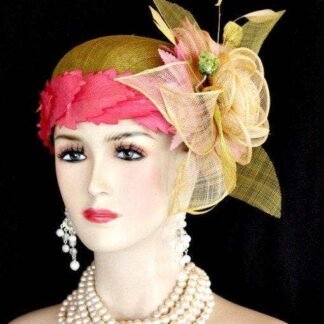 Olive Lime Green Ivory Sinamay Straw Cloche Flapper Wedding Bridal Cocktail Pillbox Hat With Hot Pink Flowers, Designer Fashion Kentucky