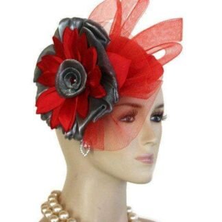 Women's Handmade Red Gray Pillbox Cocktail Hat, Wedding Bridal Fascinator Dress Hat, Couture Designer Hats For Women, NYFashionHats, Dina