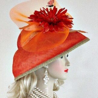 Ladies Coral Orange Metallic Gold Straw Lampshade Wide Brim Kentucky Derby Hat, Church Bridal Wedding Formal Hats