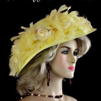 Hats For Horse Races, Kentucky Derby Hats, Ladies Yellow Kentucky Derby Hat Feathers Satin Rose, Designer Fashion Dress Wedding Hats, Liza