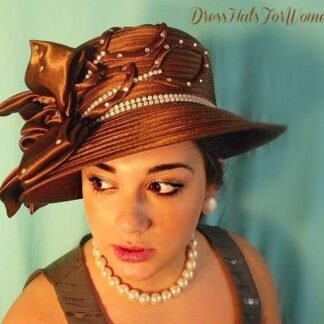 Formal Brown Satin Couture Designer Hat, Church Hats, Kentucky Derby Hats, Hats For Horse Races, NY Fashion Hats Millinery Apparel, Karan