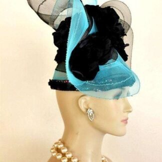 Turquoise Black Haute Couture Designer Luxury Statement Hat, NYFashionHats Millinery, Formal Wedding Dress Church Pillbox Hat, Carolina