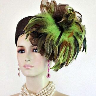 Women's Designer Brown Lime Green Pillbox Hat Feathers, Special Occasion Dress Hats
