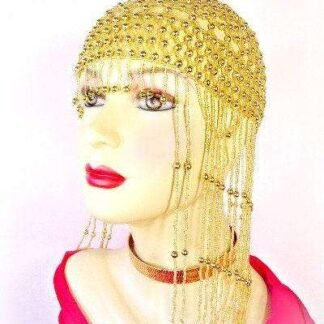 Women's Metallic Gold Silver Black Pearl Stretchable Headpiece, Designer Deco Flapper Cocktail Hats