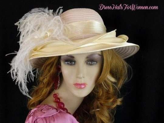 Cream Beige Satin Bridal Wedding Hat, Church Formal Hat, Temple Hats With Feathers, Hats For Horse Races, NYFashionHats, CoutureDesignerHats - Image 2