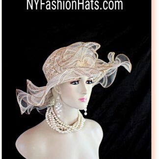 Ladies Coffee Beige Ivory Ruffled Edge Wide Brim Dress Hat, Hats For Weddings Brides, Designer Church Hats For Women, NYFashionHats Donna