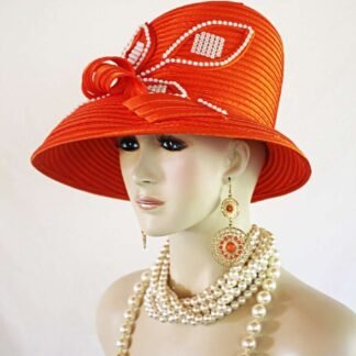 Women's Couture Satin Orange White Slant Abstract Brim Hat, Formal Designer Wedding Hat, Church Sabbath Hats, NYFashionHats Millinery Breina