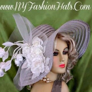 Metallic Silver And White Sheer Big Floppy Brim Hat, Metallic Gold Haute Couture Hats For Women, NYFashionHats, Hats For Horse Races, Ida