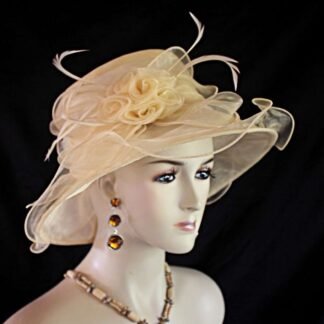 Women's Beige Organza Ruffle Brim Hat, Wedding Bridal Formal Hat, Hats For Horse Races Derbies, Sabbath Hats, NYFashionHats Millinery, Sadie
