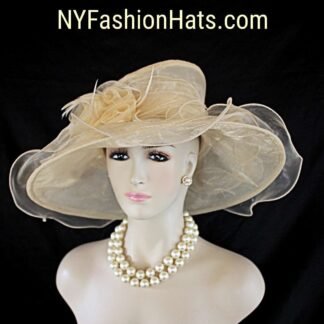 Beige Big Ruffle Brim Organza Hat, Formal Wedding Bridal Dress Hat, Mother Of The Bride Hats, Couture Designer Hats By NYFashionHats, Robin