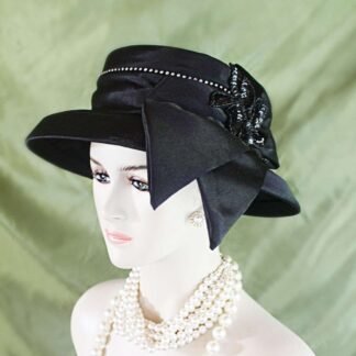 Women's Black Sequin Designer Satin Dress Hat, Elegant Wedding Church Formal Sabbath Holiday Hat, NYFashionHats Bridal Couture Millinery