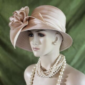 Women's Champagne Beige Big Bow Designer Satin Dress Hat, Elegant Wedding Church Formal Sabbath Hat, Hats For Holidays, NYFashionHats Kylie