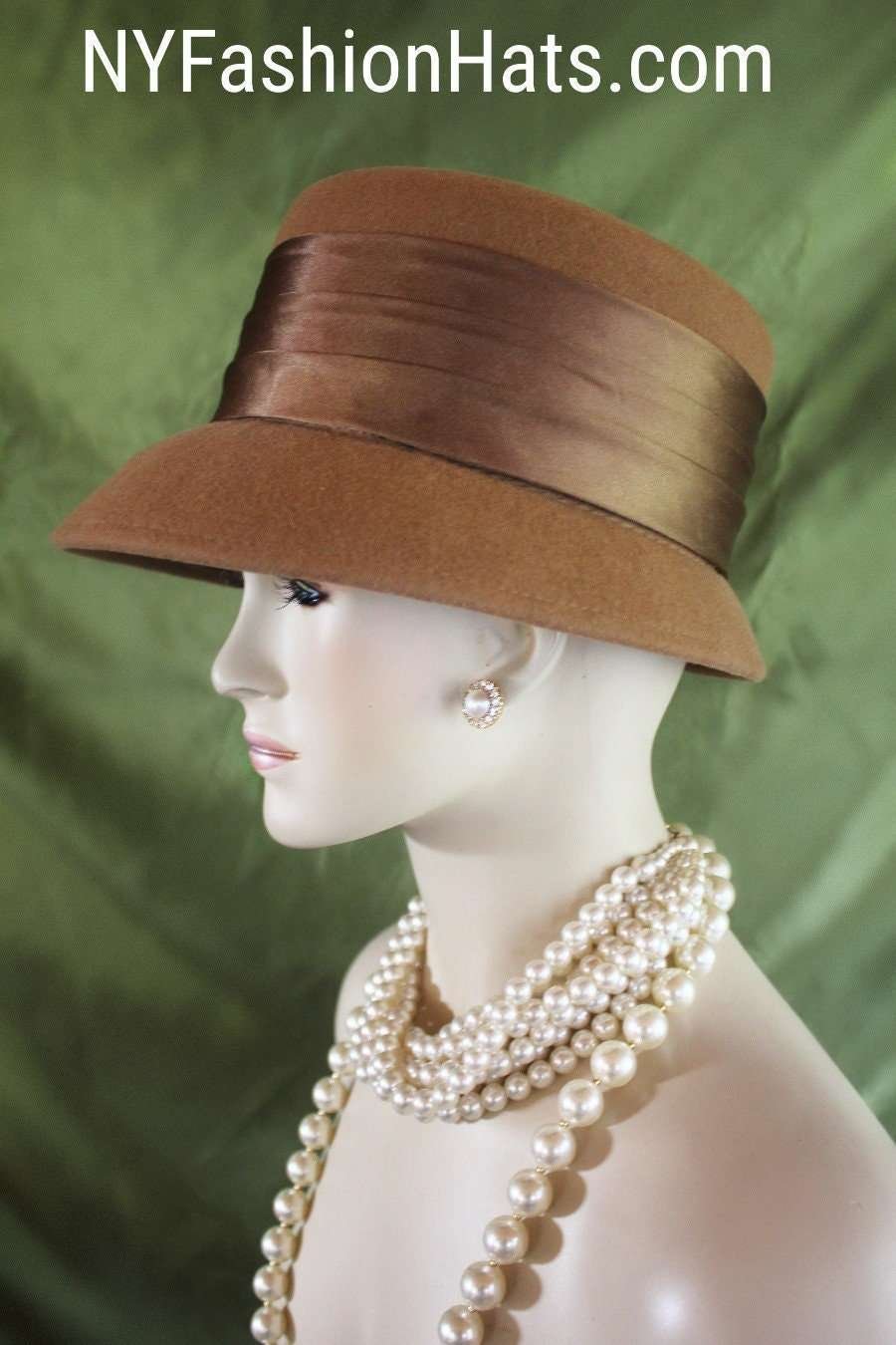 Coffee Dark Camel Beige Winter Wool Dress Hat, Couture Designer Hats, Hats For Sabbath, Church Hats, NY Fashion Hats Millinery, Henrietta - Image 3