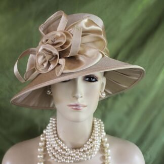 Women's Champagne Beige Big Bow Designer Satin Dress Hat, Elegant Wedding Church Formal Sabbath Hat, Hats For Holidays, NYFashionHats Freya