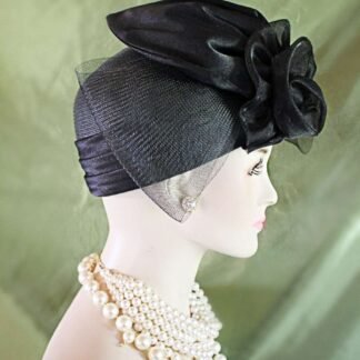 Women's Black Designer Satin Straw Dress Hat, Funeral Hats, Wedding Church Formal Sabbath Hat, Hats For Holidays, NYFashionHats, Aggie