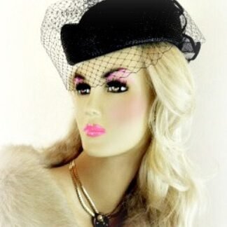 Women's Black Pillbox Wedding Hat With A Birdcage Face Veil