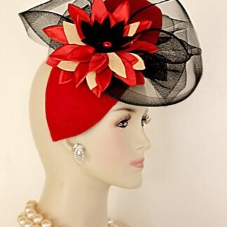 Women's Couture Designer Red Black Beige Winter Wool Silk Hat Fascinator, Flapper Hats Art Deco, Fashion Headpiece, Church Weddings Dress