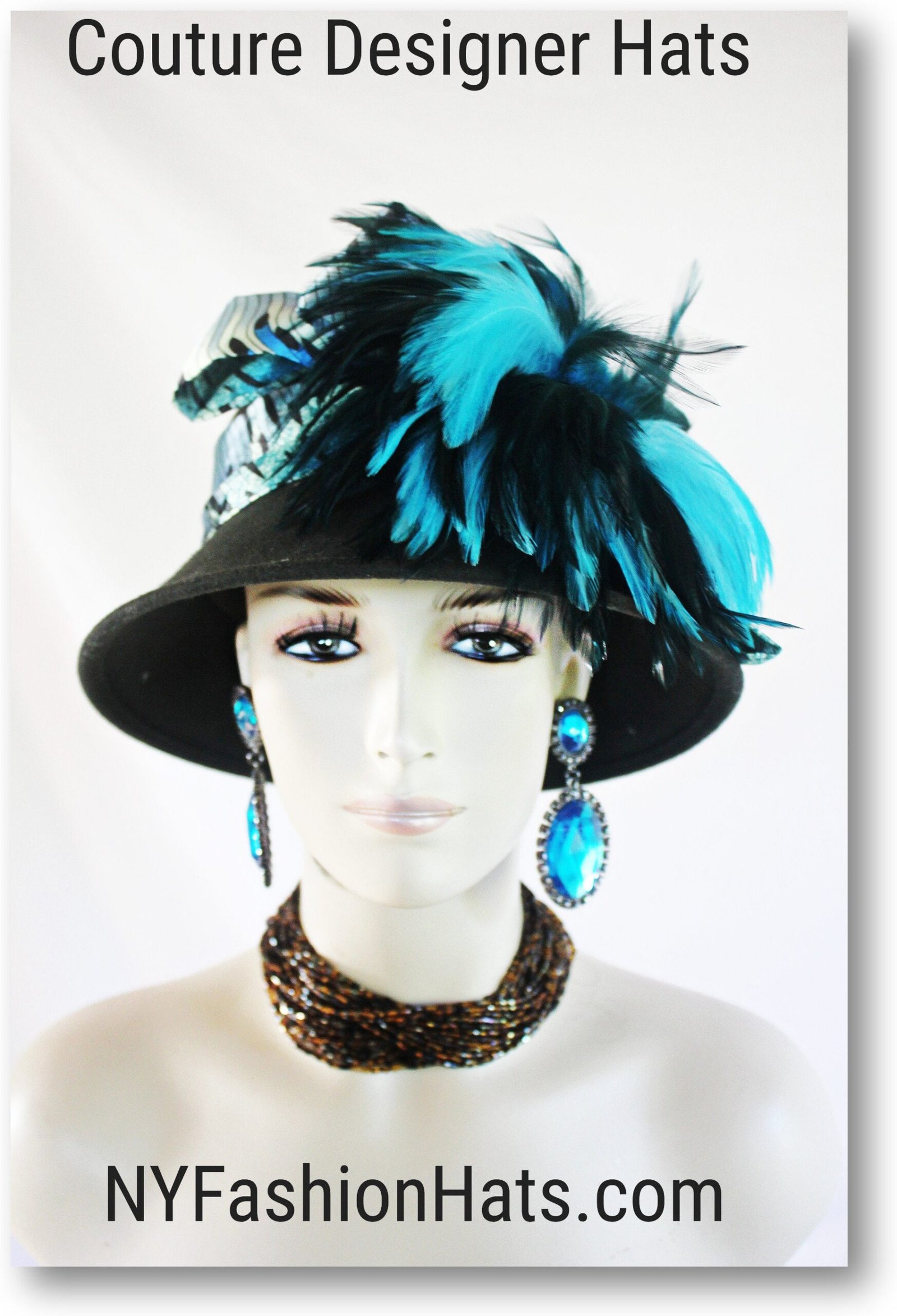 Women's Brown Winter Wool Formal Dress Hat, Royal Turquoise Blue Feathers, Snake Animal Print Bow, Couture Designer Hats, NYFashionHats - Image 6