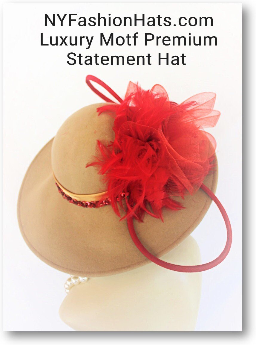 Hat Winter Beige Red Wide Brim, Couture Designer Statement Hat, Formal Dress Fashion Hat, Custom Millinery Apparel Women, Hats Horse Races - Image 6