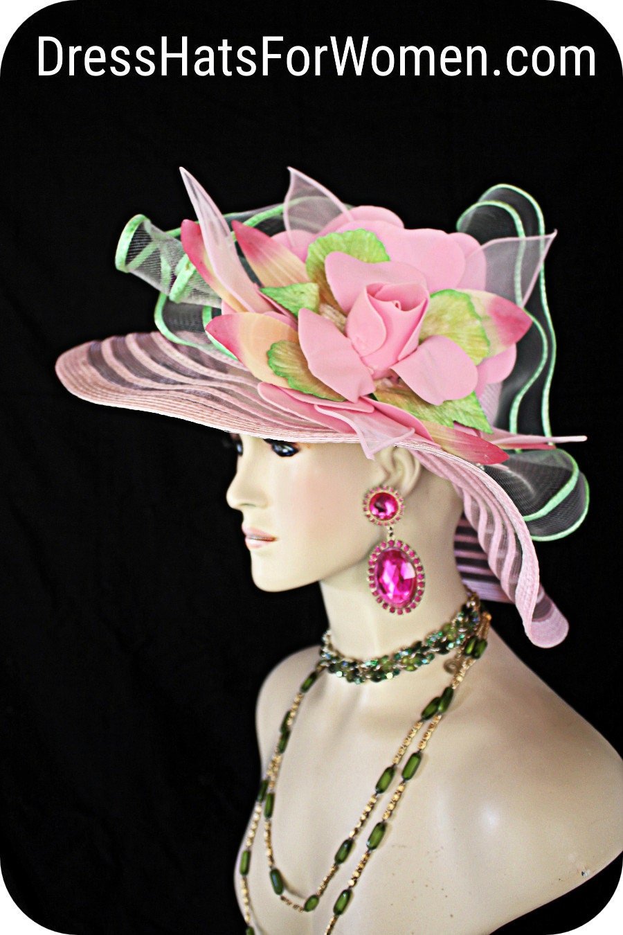 Hat Hatue Couture Pink Passion Lime Apple Green, Wide Brim Big Bow Flower Designer Hats Races, NY Fashion Hats Millinery Formal Wedding Ava - Image 6