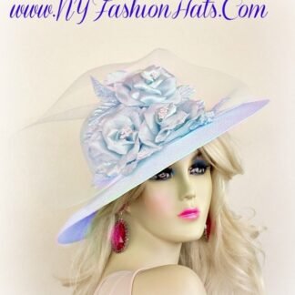 Women's Pastel Blue Large Brim Haute Couture Designer Hat Roses, Formal Fashion Bridal Hat Brides, Hats For Horse Races Derby Luncheon