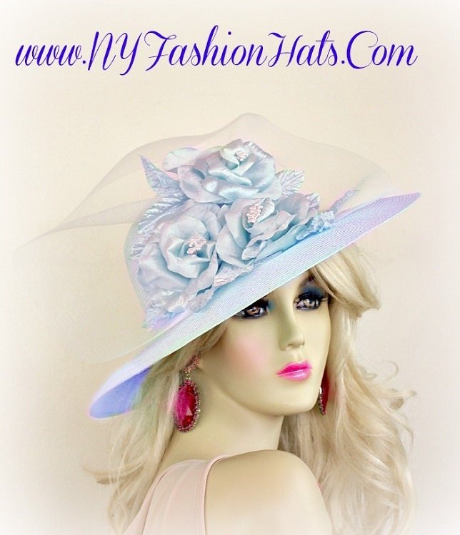 Women's Pastel Blue Large Brim Haute Couture Designer Hat Roses, Formal Fashion Bridal Hat Brides, Hats For Horse Races Derby Luncheon