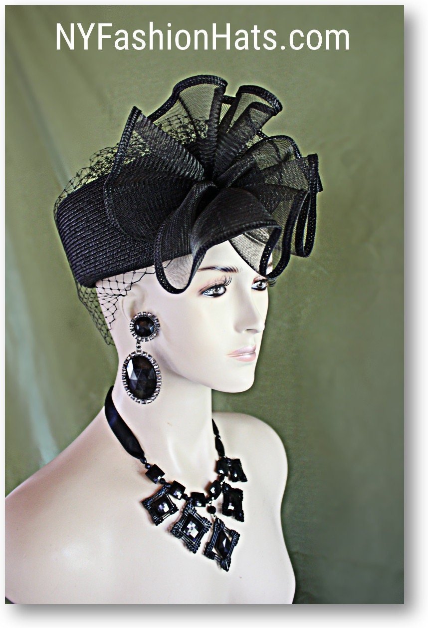 Black Pillbox Formal Fashion Hat With A Veil, Couture Designer Hats, Mother Of The Bride, Bridal Weddings Church Races, NYFashionHats Parker - Image 7