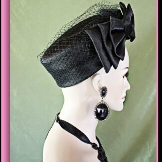 Pillbox Wedding Bridal Hat, Black Satin Pillbox Formal Hat, Church Temple Hat With Veil, Mother Of The Bride Hat, Funeral Hat, NYFashionHats